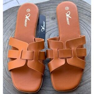 Athlefit H-Band Slide Sandal Womens SZ 10 Brown Cutout Vegan Leather